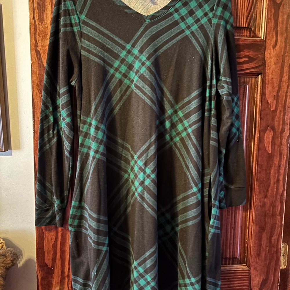 LuLaRoe Black Dress with Teal Plaid Long Sleeve